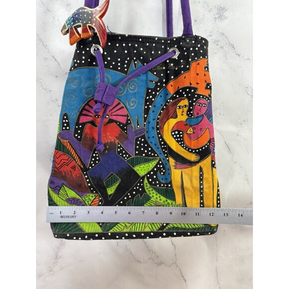 Vtg 90s LAUREL BURCH Tote Bag Drawstring Bucket Canvas Cat Retro Folk Art Artist - Picture 3 of 16